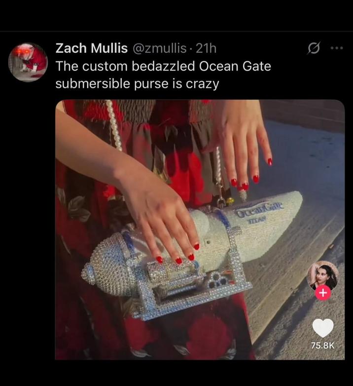 Zach Mullis @zmullis 21h The custom bedazzled Ocean Gate submersible purse is crazy Ocean Gate TZIAR 75.8K 600