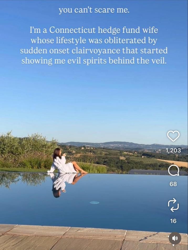 you can't scare me. I'm a Connecticut hedge fund wife whose lifestyle was obliterated by sudden onset clairvoyance that started showing me evil spirits behind the veil. 1,203 68 16