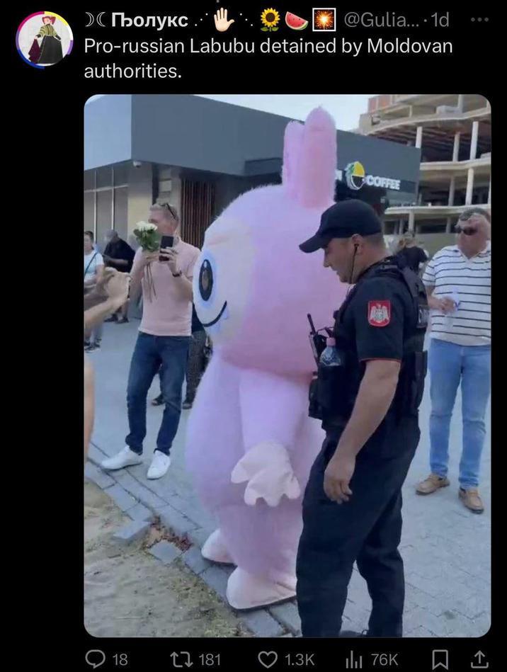 Голукс @Gulia....1d Pro-russian Labubu detained by Moldovan authorities. COFFEE 18 tv 181 1.3K Ilil 76K 600