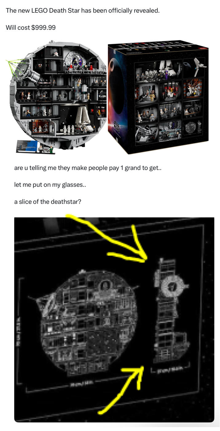 The new LEGO Death Star has been officially revealed. Will cost $999.99 are u telling me they make people pay 1 grand to get.. let me put on my glasses... a slice of the deathstar? 7