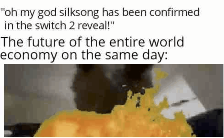 "oh my god silksong has been confirmed in the switch 2 reveal!" The future of the entire world economy on the same day: