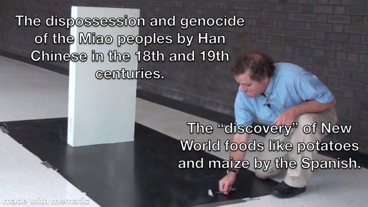 The dispossession and genocide of the Miao peoples by Han Chinese in the 18th and 19th centuries. made with mematic The "discovery" of New World foods like potatoes and maize by the Spanish.
