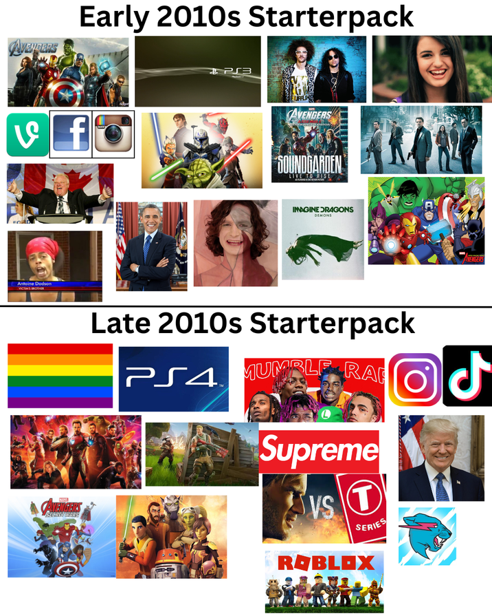 AVENGERS Early 2010s Starterpack v fo FORD Antoine Dodson VICTIM'S BROTHER PS3 SUFFLIN AVENGERS SOUNDGARDEN LIVE TO RISE IMAGINE DRAGONS DEMONS CAVENGERS SECRET WARS Late 2010s Starterpack PS4 MUMBLE RA Supreme vs T SERIES ROBLOX AVENGERS ل