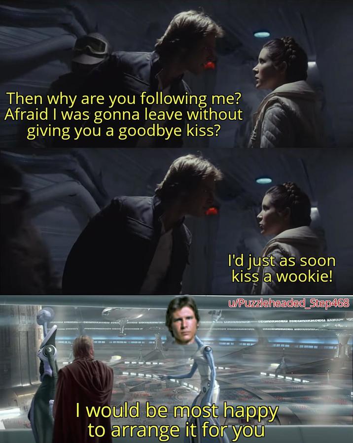 Then why are you following me? Afraid I was gonna leave without giving you a goodbye kiss? I'd just as soon kiss a wookie! u/Puzzleheaded_Step468 I would be most happy to arrange it for you