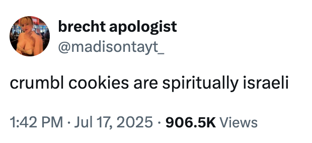 A "tweet":https://knowyourmeme.com/memes/sites/twitter-x using the "slang":https://knowyourmeme.com/memes/internet-slang term "Spiritually Israeli" to describe vapid consumer culture in 2025.