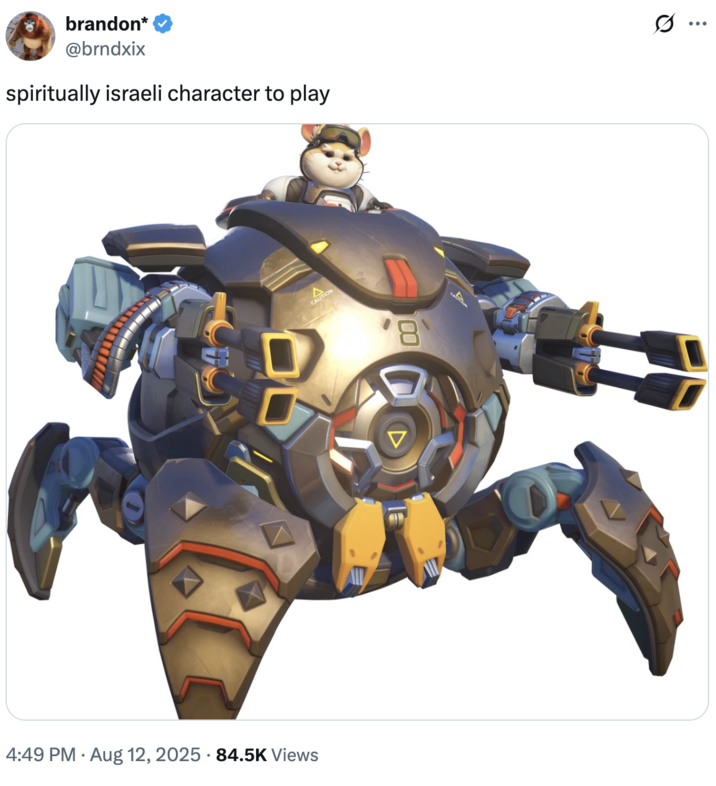 brandon* @brndxix spiritually israeli character to play 4:49 PM • Aug 12, 2025 84.5K Views A CAUTION 00 Q