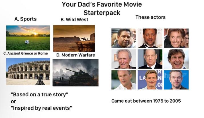 Your Dad's Favorite Movie Starterpack A. Sports B. Wild West C. Ancient Greece or Rome D. Modern Warfare These actors ADI OS LA N .08 "Based on a true story" or "Inspired by real events" Came out between 1975 to 2005