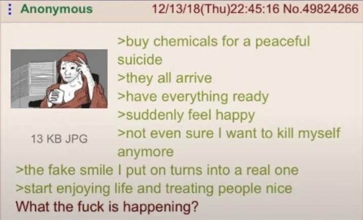 Anonymous 13 KB JPG 12/13/18(Thu)22:45:16 No.49824266 >buy chemicals for a peaceful suicide >they all arrive >have everything ready >suddenly feel happy >not even sure I want to kill myself anymore >the fake smile I put on turns into a real one >start enjoying life and treating people nice What the f--- is happening?