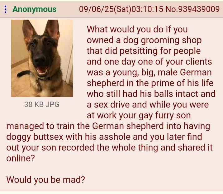 : Anonymous 38 KB JPG 09/06/25(Sat)03:10:15 No.939439009 What would you do if you owned a dog grooming shop that did petsitting for people. and one day one of your clients was a young, big, male German shepherd in the prime of his life who still had his balls intact and a sex drive and while you were at work your gay furry son managed to train the German shepherd into having doggy buttsex with his a------ and you later find out your son recorded the whole thing and shared it online? Would you be mad?