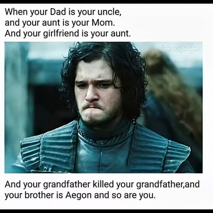 When your Dad is your uncle, and your aunt is your Mom. And your girlfriend is your aunt. @fans_ofgot And your grandfather killed your grandfather,and your brother is Aegon and so are you.