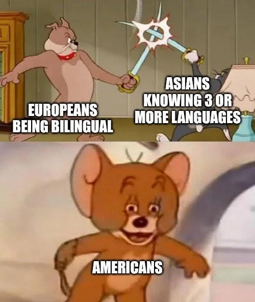 EUROPEANS BEING BILINGUAL ASIANS KNOWING 3 OR MORE LANGUAGES A RH AMERICANS