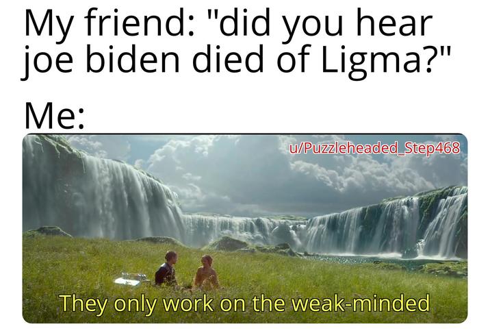 My friend: "did you hear joe biden died of Ligma?" Me: w/Puzzleheaded Step468 They only work on the weak-minded