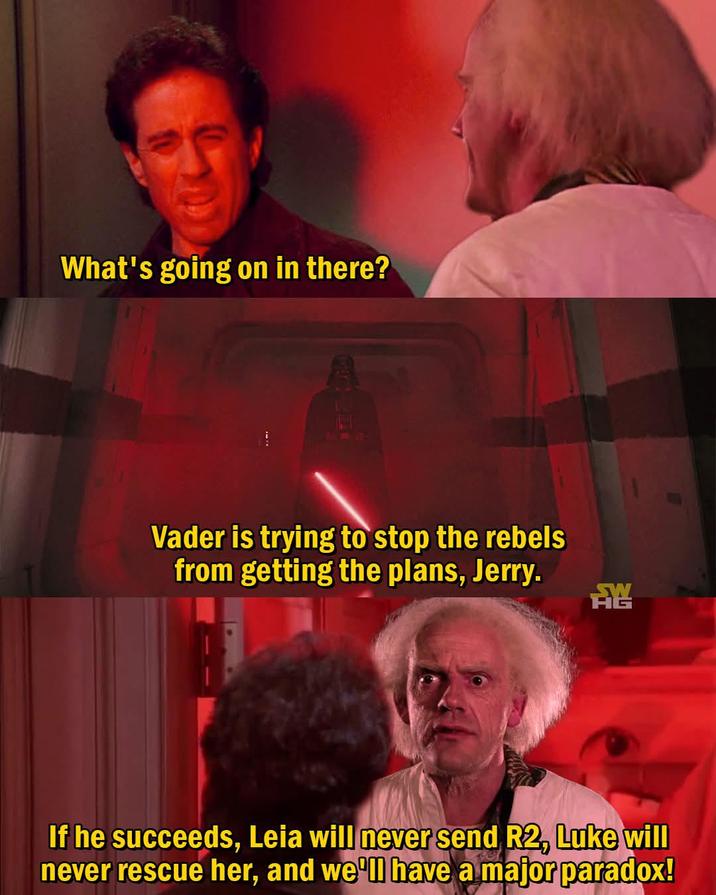 What's going on in there? Vader is trying to stop the rebels from getting the plans, Jerry. AW If he succeeds, Leia will never send R2, Luke will never rescue her, and we'll have a major paradox!