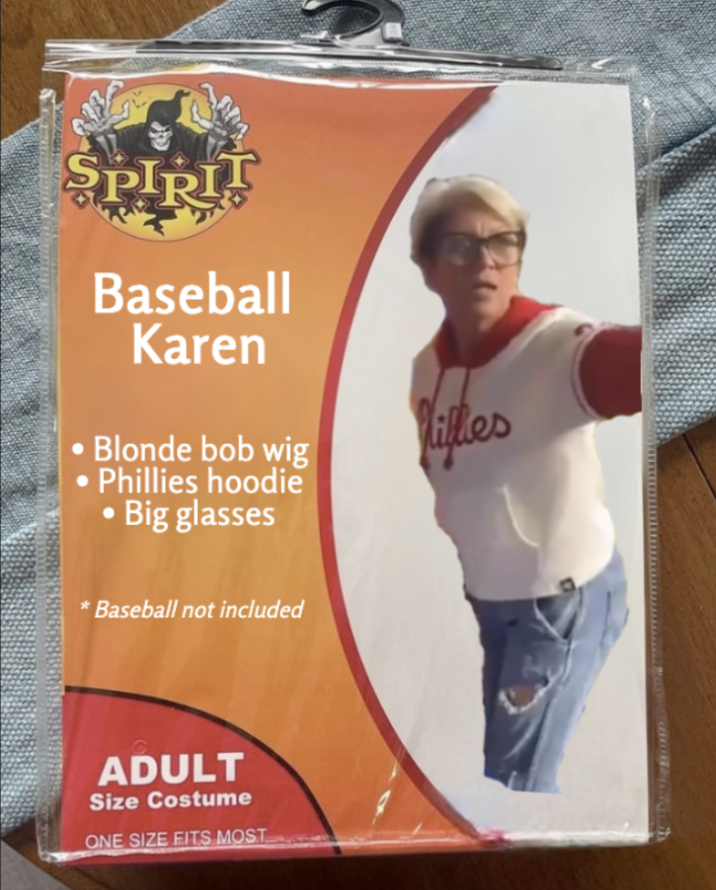 SPIRIT Baseball Karen Blonde bob wig Phillies hoodie • Big glasses *Baseball not included ADULT Size Costume ONE SIZE FITS MOST Highes
