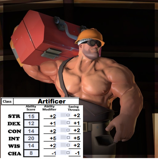 Class Artificer Ability Ability Score Modifier Saving Throws STR 15 +2 +2 DEX CON 14 INT WIS CHA 14 8 27270 12 +1 +1 ༈། ༈། ༈།། +2 +2 +5 +5 +2 -1 +2 ☐ -1