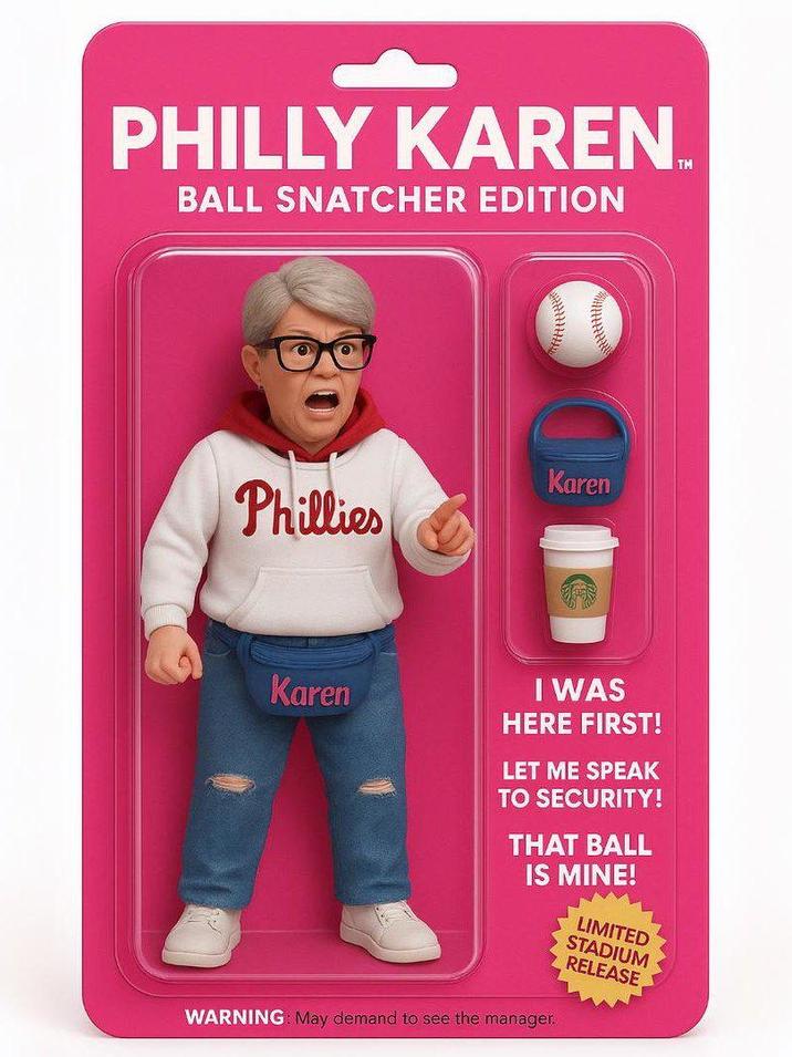 PHILLY KAREN BALL SNATCHER EDITION TM Phillies Karen Karen I WAS HERE FIRST! LET ME SPEAK TO SECURITY! THAT BALL IS MINE! WARNING: May demand to see the manager. LIMITED STADIUM RELEASE