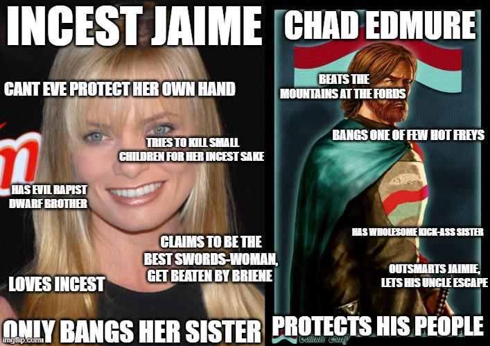 I----- JAIME CHAD EDMURE CANT EVE PROTECT HER OWN HAND m HAS EVIL R----- DWARF BROTHER TRIES TO KILL SMALL CHILDREN FOR HER I----- SAKE BEATS THE MOUNTAINS AT THE FORDS BANGS ONE OF FEW HOT FREYS LOVES I----- CLAIMS TO BE THE BEST SWORDS-WOMAN, GET BEATEN BY BRIENE HAS WHOLESOME KICK-ASS SISTER OUTSMARTS JAIMIE, LETS HIS UNCLE ESCAPE ONLY BANGS HER SISTER PROTECTS HIS PEOPLE Callmit Card
