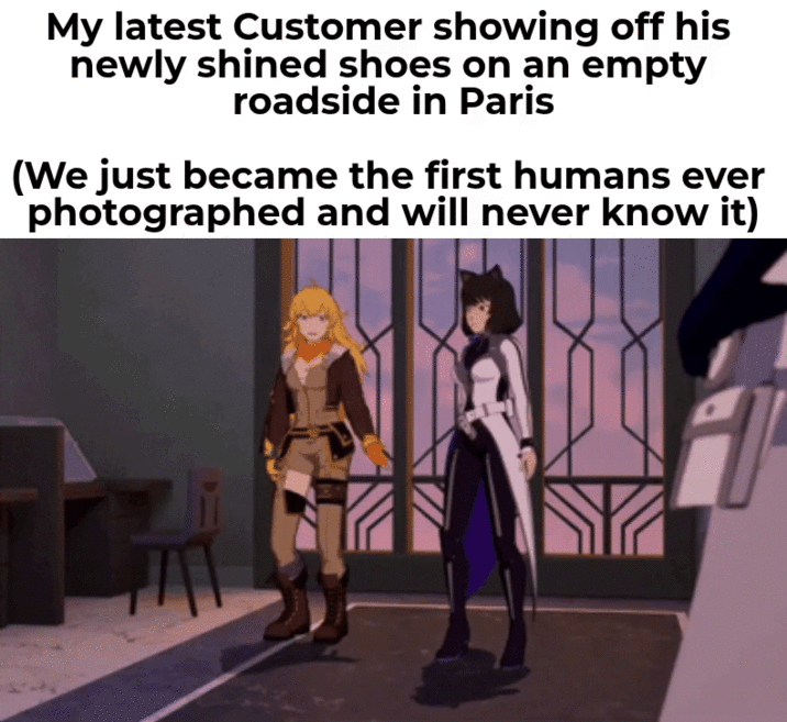 My latest Customer showing off his newly shined shoes on an empty roadside in Paris (We just became the first humans ever photographed and will never know it)