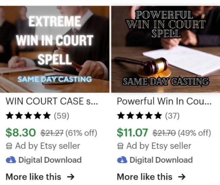 EXTREME WIN IN COURT SPELL SAME DAY CASTING POWERFUL WIN IN COURT SPELL SAME DAY CASTING WIN COURT CASE s... (59) Powerful Win In Cou... (37) $8.30 $21.27 (61% off) Ad by Etsy seller Digital Download $11.07 $21.70 (49% off) Ad by Etsy seller Digital Download More like this → More like this →
