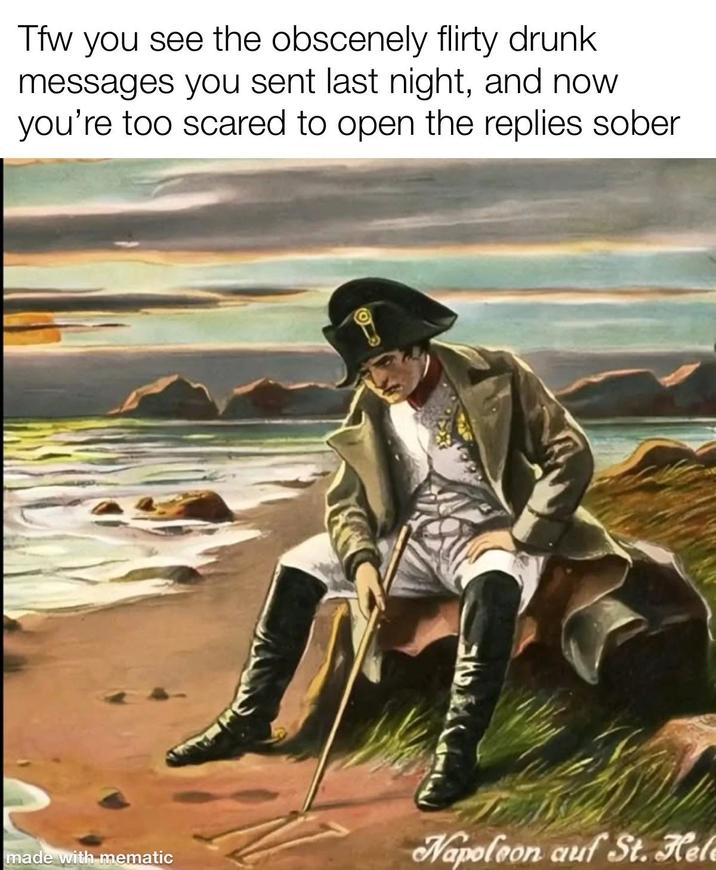 Tfw you see the obscenely flirty drunk messages you sent last night, and now you're too scared to open the replies sober made with mematic Napoleon auf St. Hele