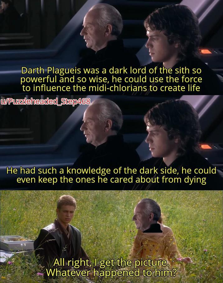 Darth Plagueis was a dark lord of the sith so powerful and so wise, he could use the force to influence the midi-chlorians to create life w/Puzzleheaded Step468 He had such a knowledge of the dark side, he could- even keep the ones he cared about from dying All right, I get the picture. Whatever happened to him?