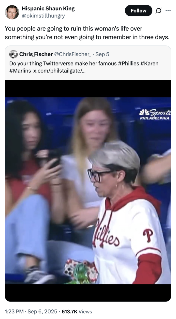 X user @okimstillhungry tweeted, "You people are going to ruin this woman’s life over something you’re not even going to remember in three days."
