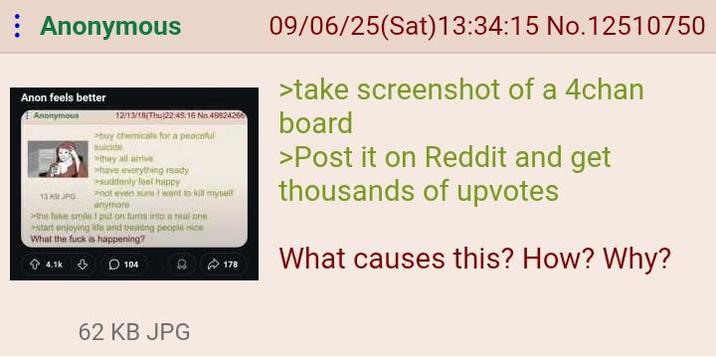 : Anonymous Anon feels better Anonymous 13JPG 12/3/18 THU 22 15 16 Nhiệ-24260 >buy chemicals for a peaceful suicide they all arrive >have everything ready suddenly feel happy not even sure I want to kill my anymore >me fake smile I put on turns into a real one tart enjoying life and theaong people nice What the f--- is happening? 4.1k 104 178 09/06/25(Sat) 13:34:15 No.12510750 >take screenshot of a 4chan board >Post it on Reddit and get thousands of upvotes What causes this? How? Why? 62 KB JPG