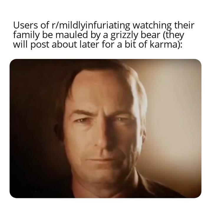 Users of r/mildlyinfuriating watching their family be mauled by a grizzly bear (they will post about later for a bit of karma):
