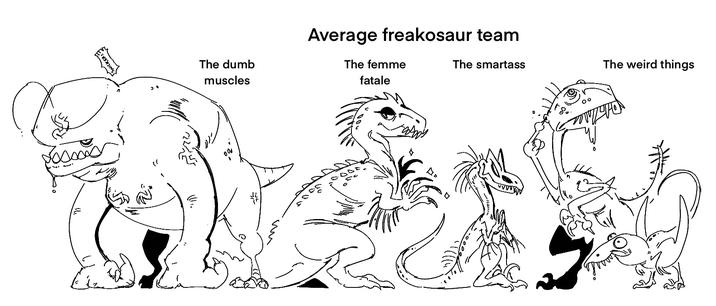 iq The dumb muscles Average freakosaur team The femme fatale The smartass The weird things 0000 ☑