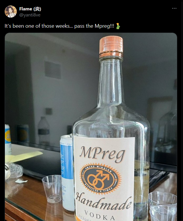 Flame (炎) @yanti8ve It's been one of those weeks... pass the Mpreg!!! MPreg AWARD TIMES Handmade VODKA FUJOS
