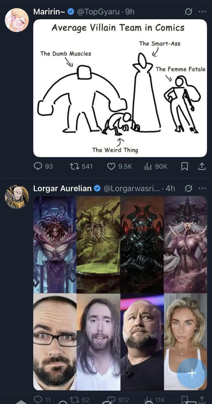 Maririn~ @TopGyaru 9h Average Villain Team in Comics The Dumb Muscles The Smart-Ass ↑ The Weird Thing 93 1 541 The Femme Fatale 9.5K IlII 90K Lorgar Aurelian ❤ @Lorgarwasri.... 4h 11 17 62 912 11K + <]