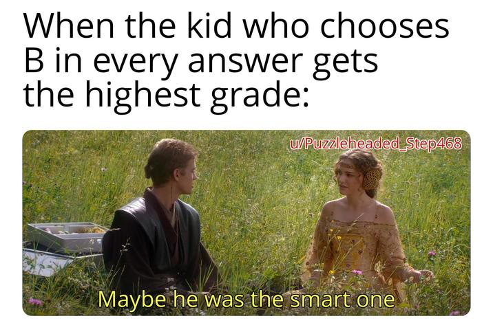 When the kid who chooses B in every answer gets the highest grade: w/Puzzleheaded Step468 Maybe he was the smart one