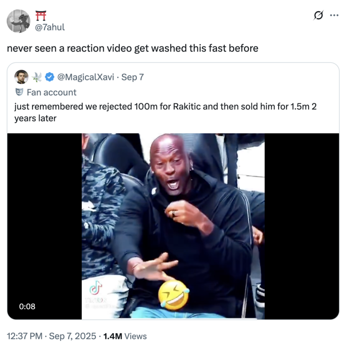 A "quote-tweet":https://knowyourmeme.com/memes/quote-retweets-qrts about the "Michael Jordan":https://knowyourmeme.com/memes/people/michael-jordan "No, No, No" "reaction video":https://knowyourmeme.com/memes/reaction-videos getting "washed" on "Twitter / X":https://knowyourmeme.com/memes/sites/twitter-x.