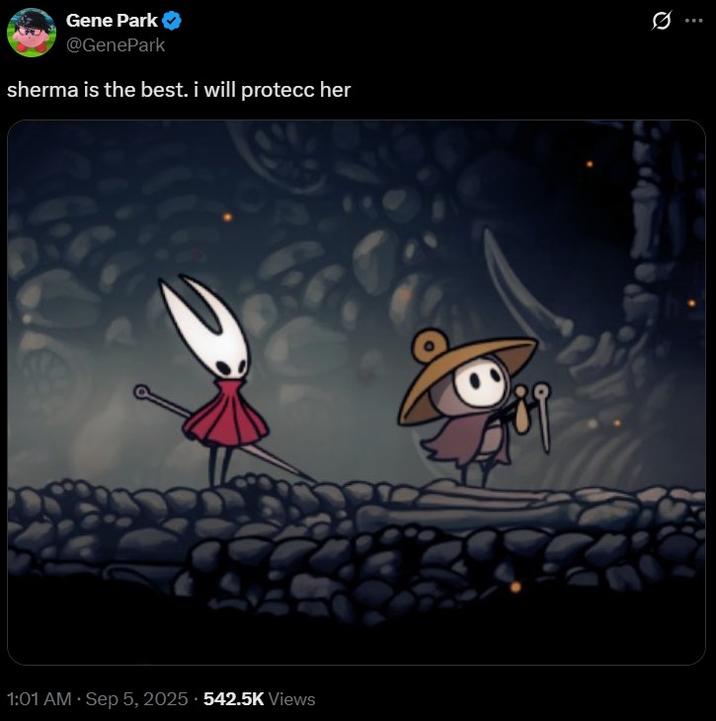 A tweet by Gene Park. The tweet reads, "sherma is the best. i will protecc her."