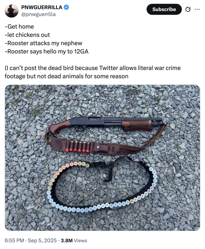 A September 2025 "tweet":https://knowyourmeme.com/memes/sites/twitter-x from user @PNWGUERRILLA about him allegedly shooting and killing a rooster with a 12-gauge shotgun because the animal attacked his nephew.