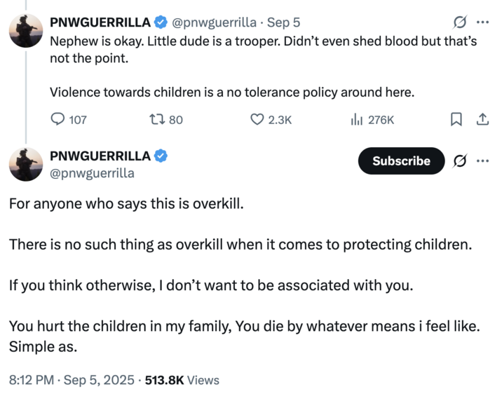 Two replies shared by "Twitter / X":https://knowyourmeme.com/memes/sites/twitter-x user PNWGUERRILLA to his own tweet about allegedly killing a rooster that attacked his nephew, using a 12-gauge shotgun.