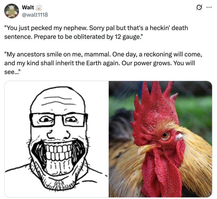 A "meme":https://knowyourmeme.com/memes/memes using a "Soyjak":https://knowyourmeme.com/memes/soy-boy-face-soyjak format, concerning the PNWGUERRILLA Shooting Rooster Tweet from a "Twitter / X":https://knowyourmeme.com/memes/sites/twitter-x user who allegedly shot and killed a rooster for attacking his nephew.