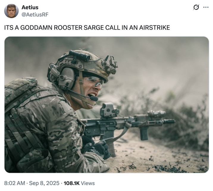 A "tweet":https://knowyourmeme.com/memes/sites/twitter-x mocking the September 2025 "tweet":https://knowyourmeme.com/memes/sites/twitter-x from user @PNWGUERRILLA about him allegedly shooting and killing a rooster with a 12-gauge shotgun because the animal attacked his nephew.