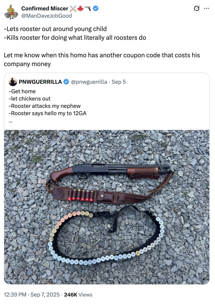 A "quote-tweet":https://knowyourmeme.com/memes/quote-retweets-qrts of the September 2025 "tweet":https://knowyourmeme.com/memes/sites/twitter-x from user @PNWGUERRILLA about him allegedly shooting and killing a rooster with a 12-gauge shotgun because the animal attacked his nephew.
