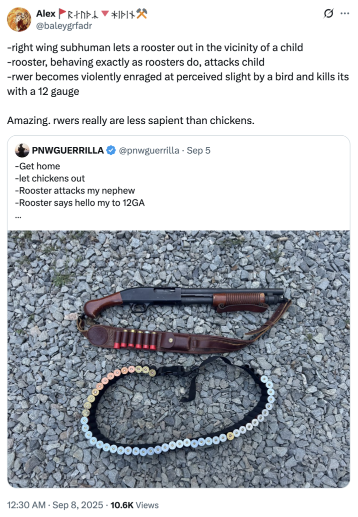 A "quote-tweet":https://knowyourmeme.com/memes/quote-retweets-qrts of the September 2025 "tweet":https://knowyourmeme.com/memes/sites/twitter-x from user @PNWGUERRILLA about him allegedly shooting and killing a rooster with a 12-gauge shotgun because the animal attacked his nephew.