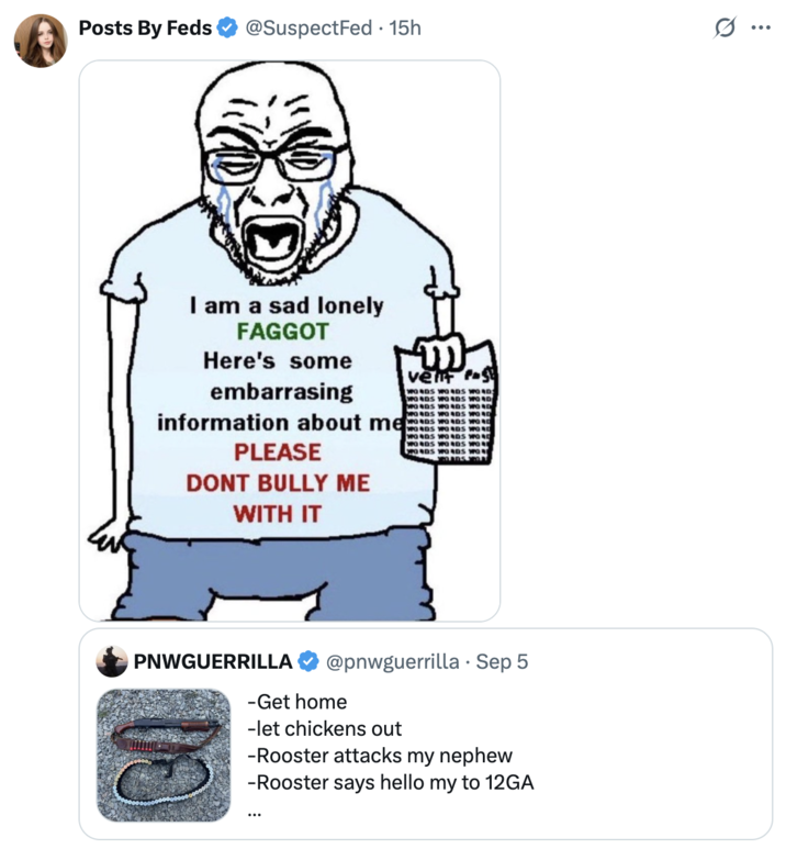 A "quote-tweet":https://knowyourmeme.com/memes/quote-retweets-qrts of the September 2025 "tweet":https://knowyourmeme.com/memes/sites/twitter-x from user @PNWGUERRILLA about him allegedly shooting and killing a rooster with a 12-gauge shotgun because the animal attacked his nephew.
