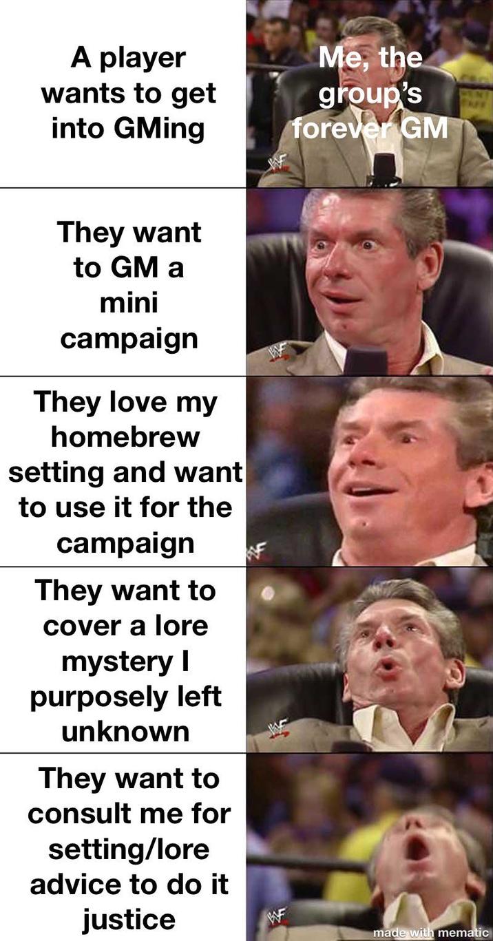 A player wants to get into GMing Me, the group's forever GM They want to GM a mini campaign They love my homebrew setting and want to use it for the campaign They want to cover a lore mystery I purposely left unknown They want to consult me for setting/lore advice to do it justice F made with mematic