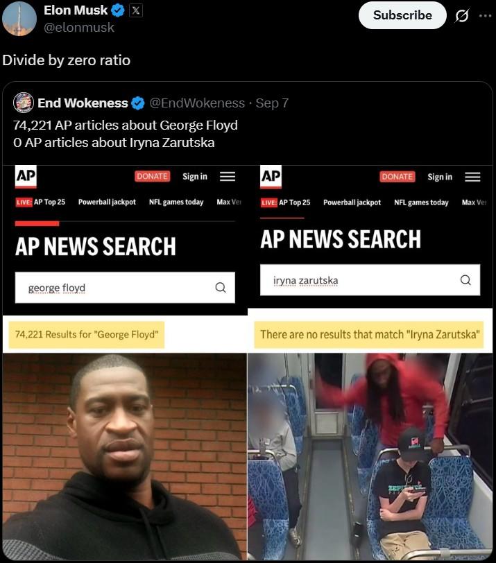 A September 7th, 2025, quote-tweet from Elon Musk on a post from the @EndWokeness account claiming to show results on AP's site for "George Floyd" vs. "Iryna Zarutska."