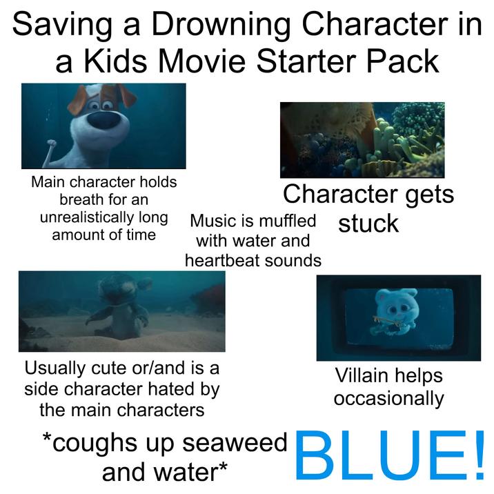 Saving a Drowning Character in a Kids Movie Starter Pack Main character holds breath for an unrealistically long amount of time Character gets stuck Music is muffled with water and heartbeat sounds Usually cute or/and is a side character hated by Villain helps occasionally the main characters *coughs up seaweed BLUE! and water*