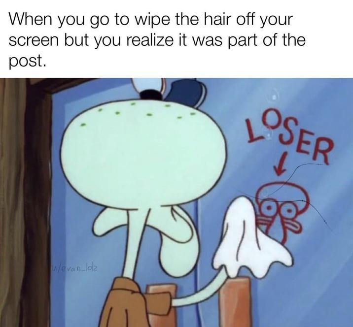 When you go to wipe the hair off your screen but you realize it was part of the post. LOSER w/evan_lolz
