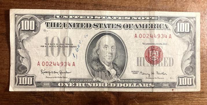 100 G 3948BD THE UNITED STATES OF AMERICA 100 THIS NOTE IS LEGAL TENDER FOR ALL DEBTS, PUBLIC AND PRIVATE 100 A 00244934 A Lauzer Ostay Grenaden Treasurer of the United States. 100 A 00244934 A WASHINGTON, D.C. HUSED SERIES 1966 Henry H. Faver Secretary of the Tasury ONE HUNDRED DOLLARS Gi 100