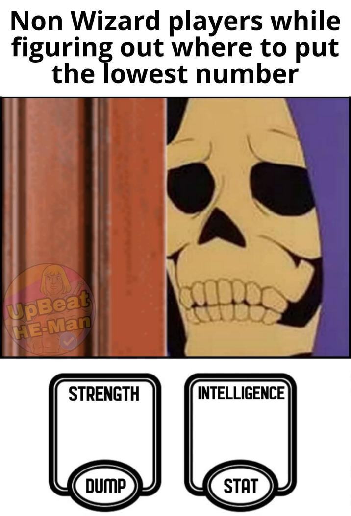 Non Wizard players while figuring out where to put the lowest number UpBeat HE-Man STRENGTH INTELLIGENCE DUMP STAT