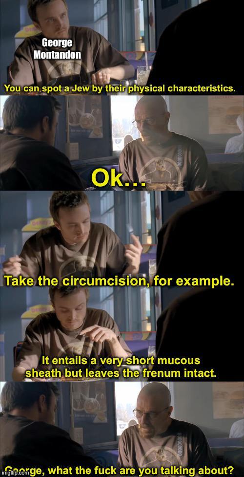 George Montandon You can spot a Jew by their physical characteristics. 0 Ok... Take the circumcision, for example. It entails a very short mucous sheath but leaves the frenum intact. imgp.comge, what the f--- are you talking about?