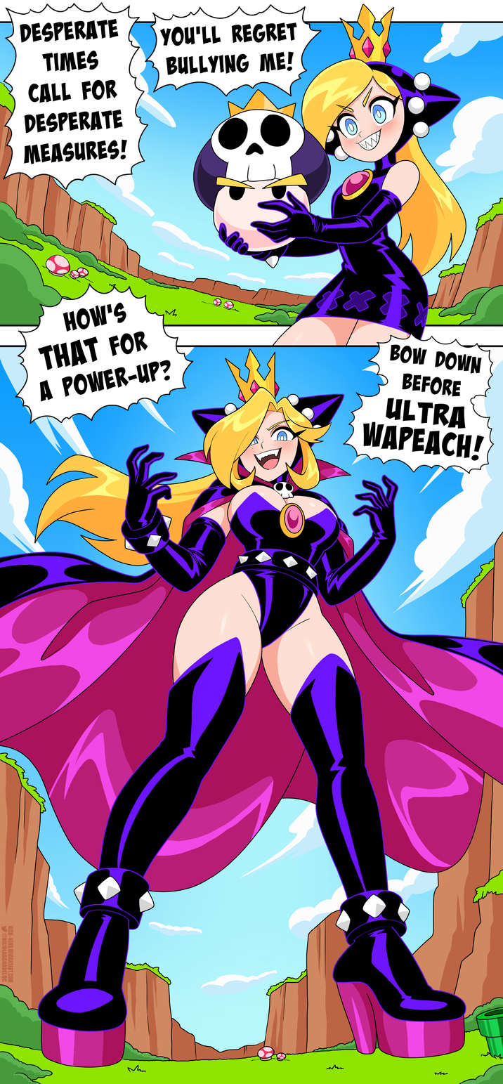 DESPERATE TIMES YOU'LL REGRET BULLYING ME! CALL FOR DESPERATE MEASURES! HOW'S THAT FOR A POWER-UP? BOW DOWN BEFORE ULTRA WAPEACH! Y@NICOLASGRAVELQC NICO-NEKO.DEVIANTART.COM Mm M Если