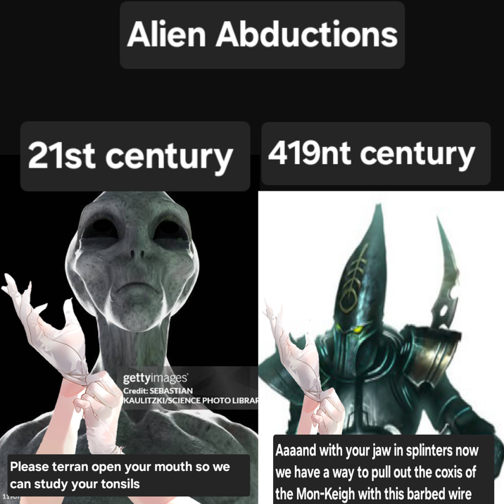 117 Alien Abductions 21st century 419nt century gettyimages Credit: SEBASTIAN KAULITZKI/SCIENCE PHOTO LIBRAR Please terran open your mouth so we can study your tonsils Aaaand with your jaw in splinters now we have a way to pull out the coxis of the Mon-Keigh with this barbed wire